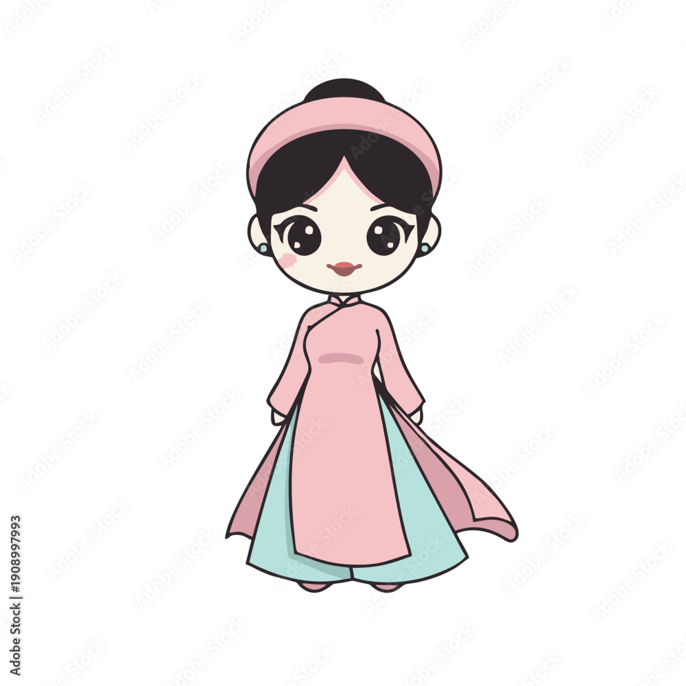 Fototapeta premium cute thai woman chibi character in traditional chut thai silk dress