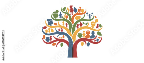 Colorful family tree illustration with diverse people silhouettes. Genealogy and ancestry concept with parents and children. Community and connection symbol