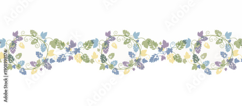 Decorative hops vine border with colorful leaves and cones. Vector floral illustration for beer or brewing design