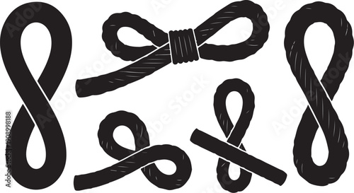 Black ropes in various knots and shapes on white