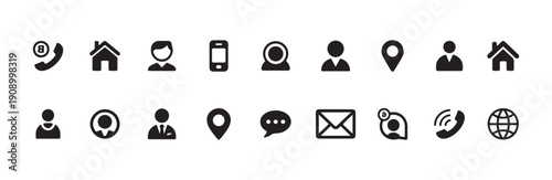 Various communication icons for user interface design showing different styles of calling location messaging and personal representation