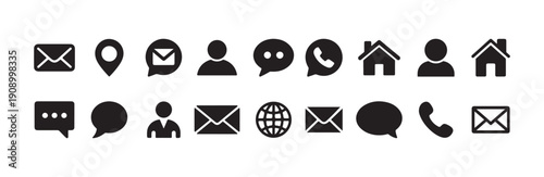 Contact information vector icons set showing mail location speech bubble person chat home phone and globe symbols for UI design