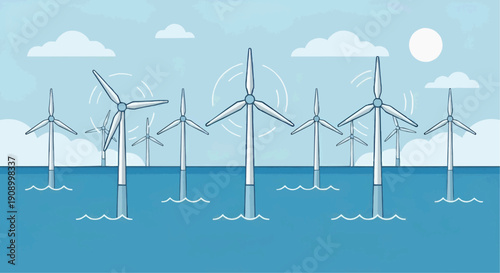 Offshore wind farm turbines in ocean landscape for renewable energy concept vector.