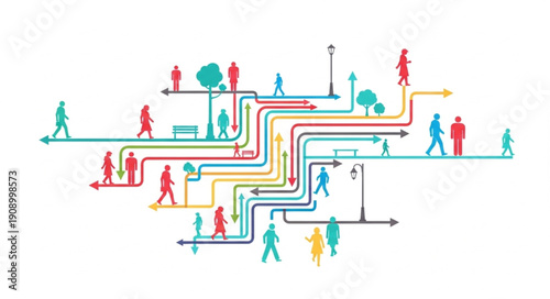 Abstract representation of people connected by pathways and lines.