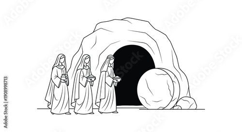 Three Women Approaching Tomb on Easter Saturday, Holy Day Scene, Religious Vector Illustration