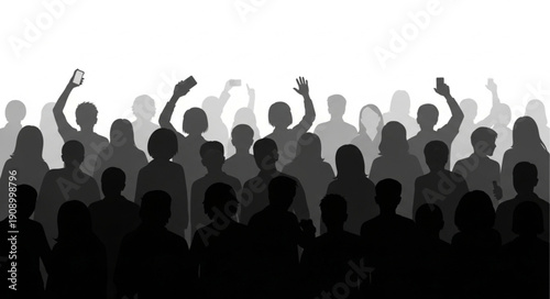 Crowd of people silhouettes cheering and raising hands.