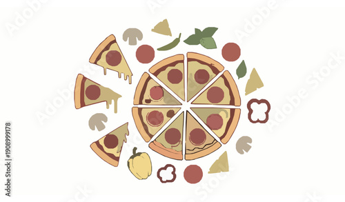 Doodle pizza vector illustration set with whole pizza and slices on white background