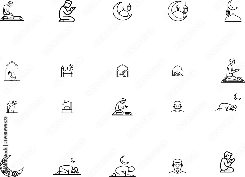 Fototapeta premium Islamic prayer positions and symbols in black and white line