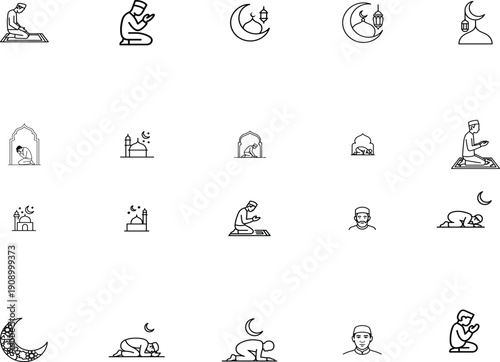 Islamic prayer positions and symbols in black and white line