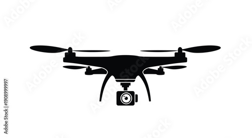 Black silhouette icon of a camera drone flying with four propellers and landing gear