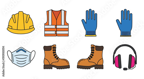 Construction safety gear including helmets vests gloves boots and hearing protection