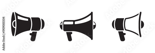 Three distinct black megaphone symbols showcasing different ergonomic shapes for broadcasting messages or making noise