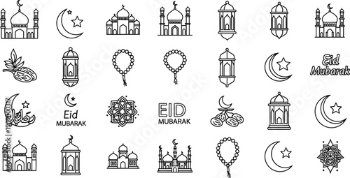 Black and white Eid Mubarak and symbols collection