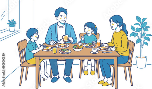 家族で朝食をとるシーン　ダイニングテーブルの団らんベクターイラスト
