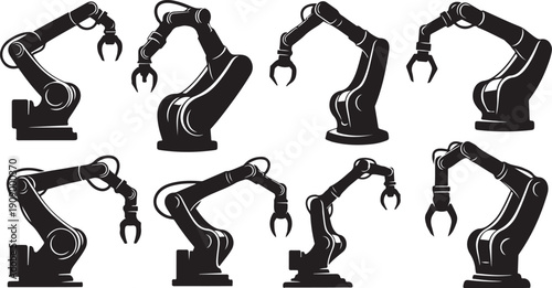 Industrial robotic arms in various positions and movements depicted