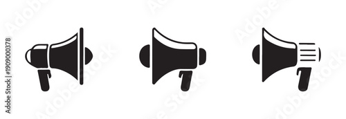 Set of three stylized black silhouette icons depicting megaphone bullhorn devices viewed from different perspectives