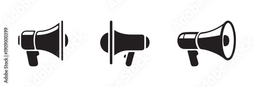 Set of three black silhouette megaphone icons showing different perspectives for announcement or promotion