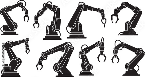 Industrial robotic arms in various positions and movements illustration