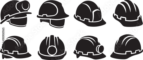 Collection of black and white construction hard hat icons
