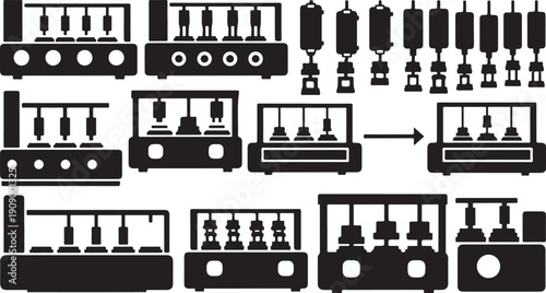 Industrial manufacturing process with various machine icons and tools