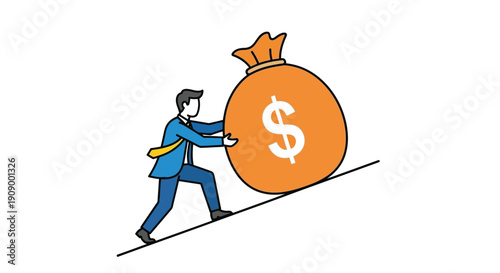 A businessman struggles to push a large bag of money uphill