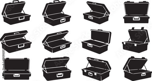 Collection of open and closed black briefcase silhouettes