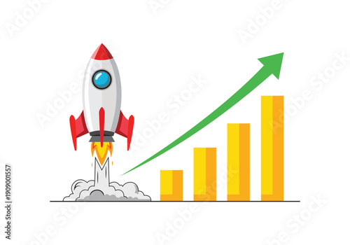 Rocket ship launching upward with growing bar graph and green arrow indicating success