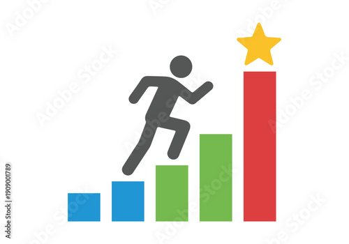 Person running up colorful bar chart towards a golden star representing achievement