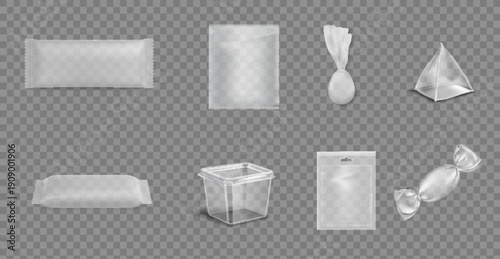 Plastic Packages Transparent Wrap Set Vector. Empty Food Product Polyethylene Package Mock Up Template. Realistic Nylon Pack Packaging Branding Design Illustration