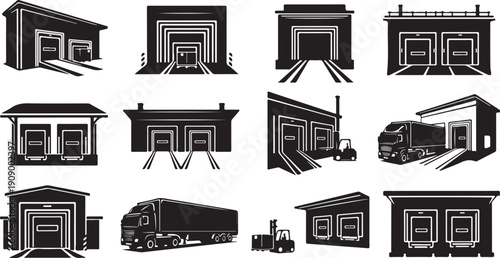 Warehouse and truck icons in black and white illustration