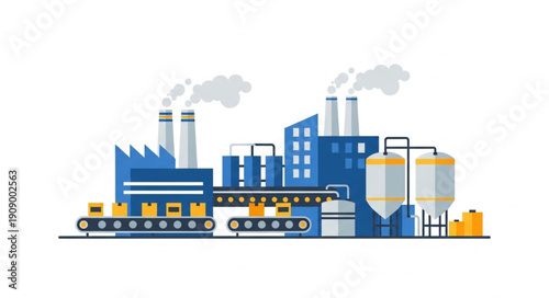 Industrial factory building with production line and smokestacks.