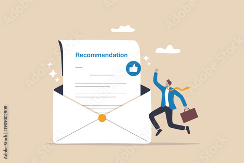 Happy businessman celebrating a successful job recommendation letter coming out of a large envelope. Vector, illustration