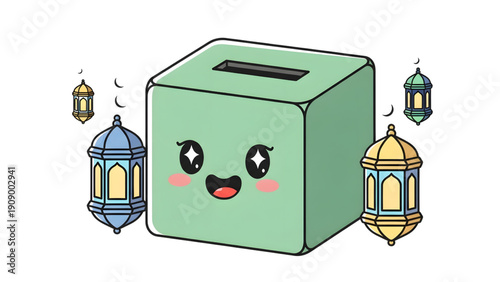 Cute cartoon donation box with lanterns for charity or zakat