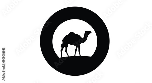Camel walking across a desert landscape within a circular frame silhouette