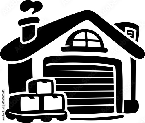 Simple and charming illustration of garage with large door, chimney, and stacked boxes nearby, evoking sense of storage and organization