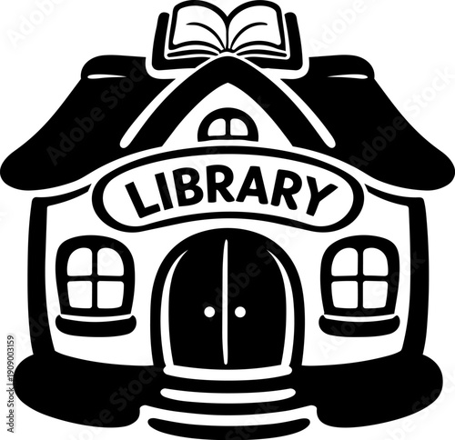 Charming library building with book on roof, featuring welcoming entrance and windows, perfect for reading and learning