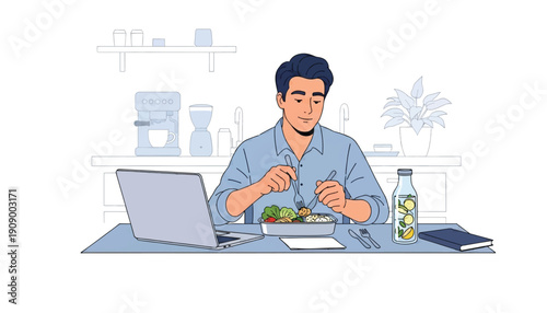 Office Employee Enjoying Healthy Lunch Break with Laptop and Meal Prep Box