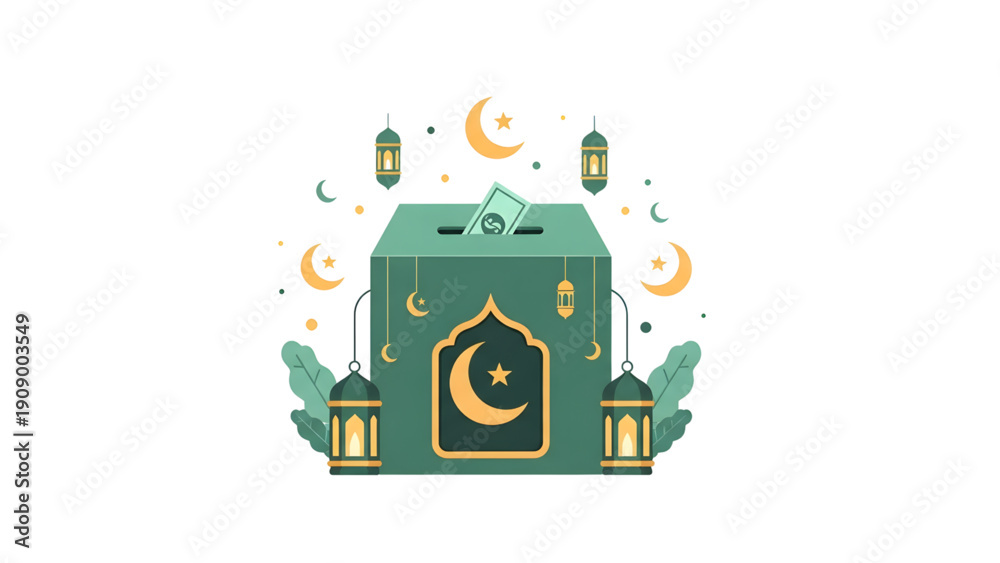 Naklejka premium Zakat donation box with crescent moon and lanterns for Ramadan