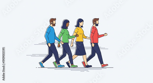 Diverse group of people walking together in a line.