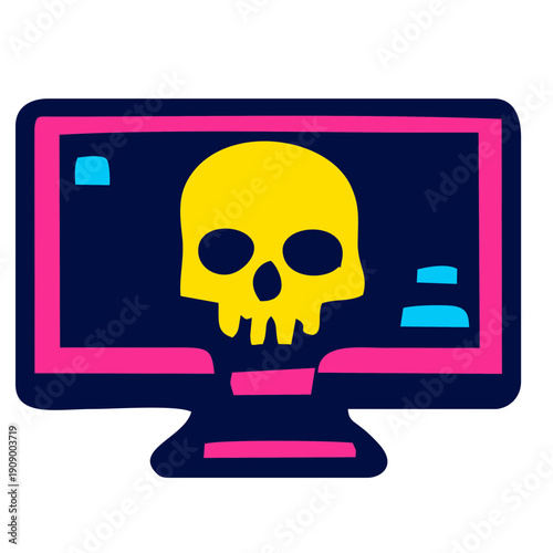 A cyber security icon showing a skull on a computer screen, representing a virus or malicious attack