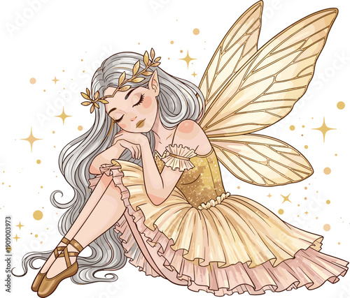Beautiful Golden Fairy Ballerina Illustration Featuring a Sleeping Magical Girl with Wings and Tutu Glittering Stars and Whimsical Fantasy Elements on White Background