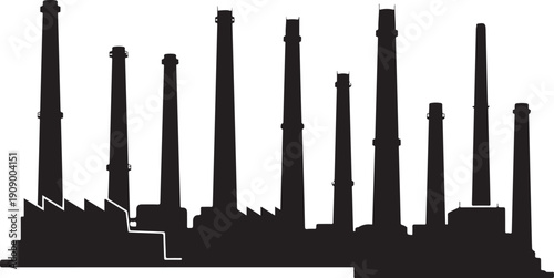 Industrial Cityscape with Multiple Factory Chimneys and Buildings Silhouette