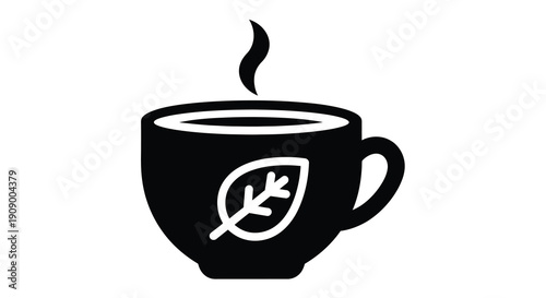 Black cup with leaf design and rising steam a simple silhouette