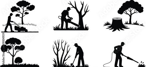 Tree cutting and gardening activity silhouettes set, forestry and landscaping work illustration showing pruning, logging, maintenance, environmental care, 