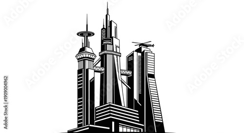Modern city skyscrapers with helicopter.