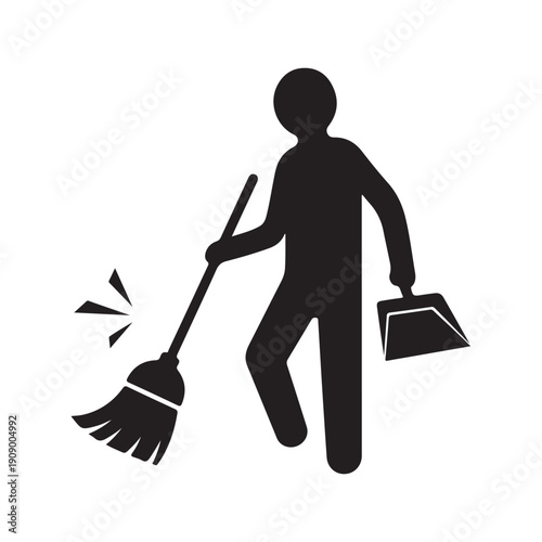 A person in silhouette is sweeping the floor with a broom and dustpan