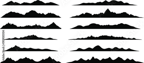Mountain silhouette border set with multiple landscape horizons, black rocky peaks and smooth hills collection isolated on white background, minimalist vector design elements.