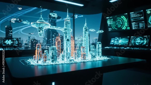A glowing blue and orange holographic model of a futuristic city dominates a table in a dark, high-tech control room. Digital screens display data in the background.