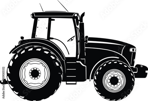 Tractor silhouette, agricultural machinery illustration, farming equipment design, rural vehicle outline, land cultivation tool, black and white art, agriculture