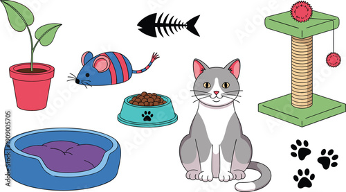 Cat care illustration, pet accessories art, feline silhouette design, toy mouse graphic, scratching post icon, food bowl, cushioned bed, paw prints